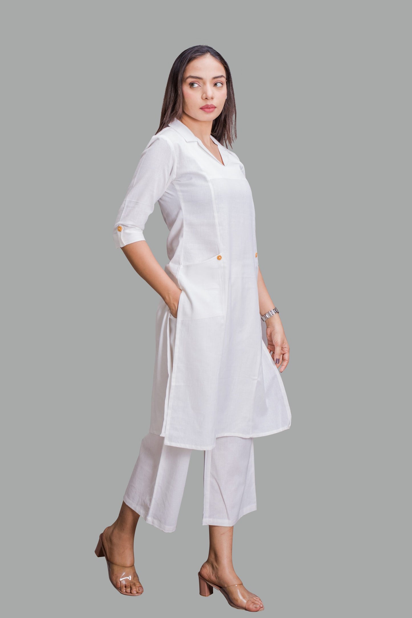 Collared Off-White Kurti with pockets