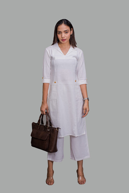 Collared Off-White Kurti with pockets