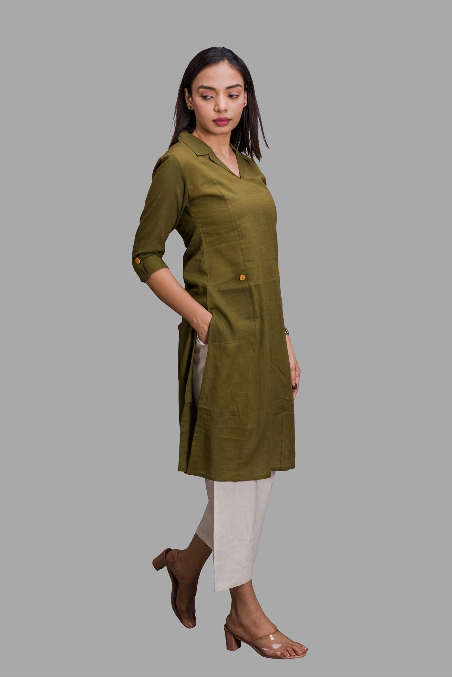 Collared Olive Green Kurti with pockets