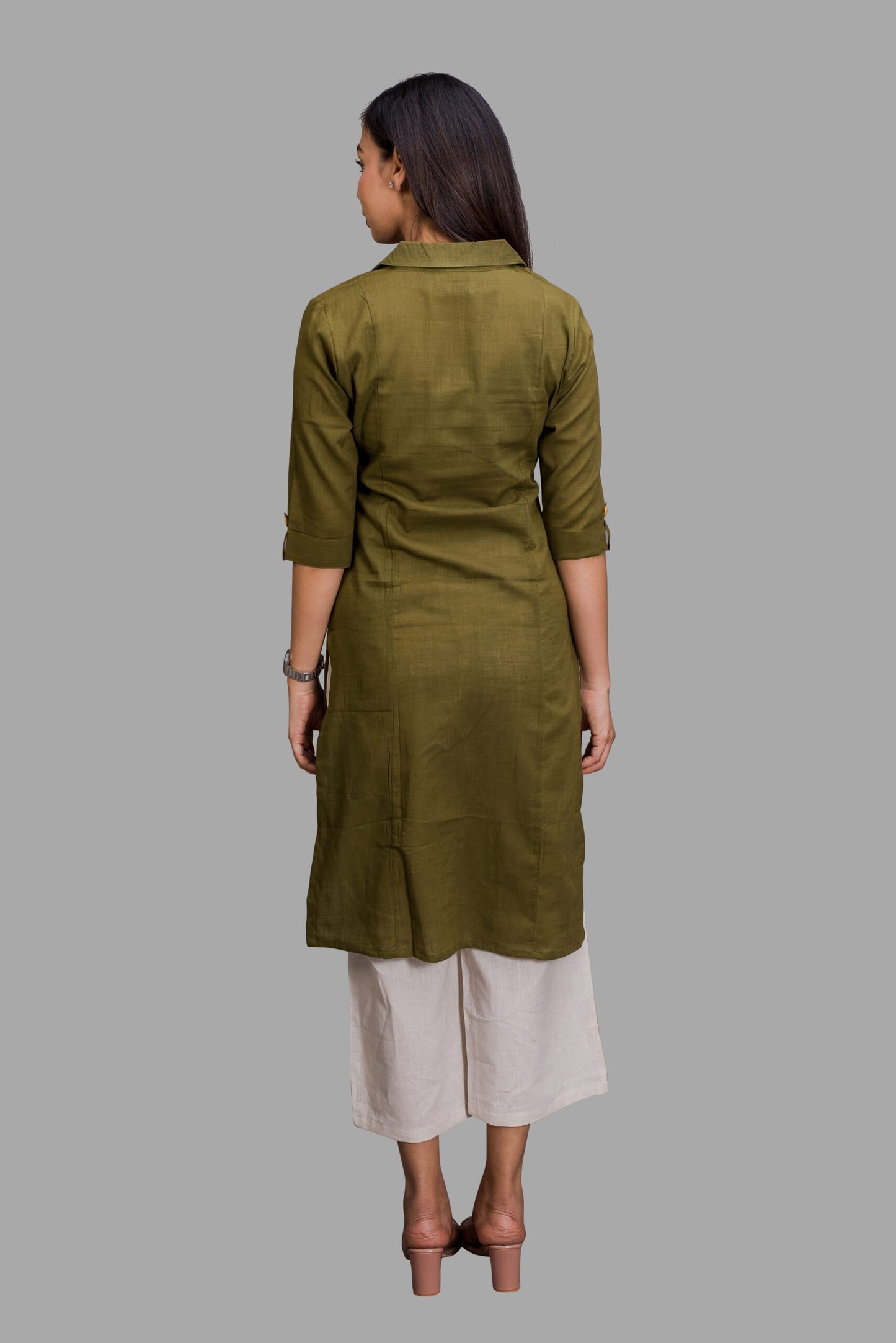 Collared Olive Green Kurti with pockets