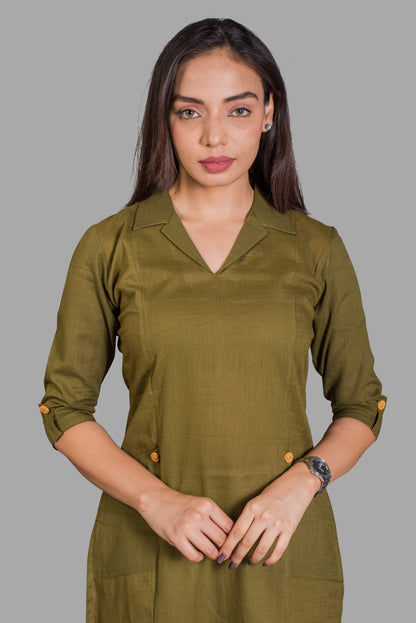 Collared Olive Green Kurti with pockets