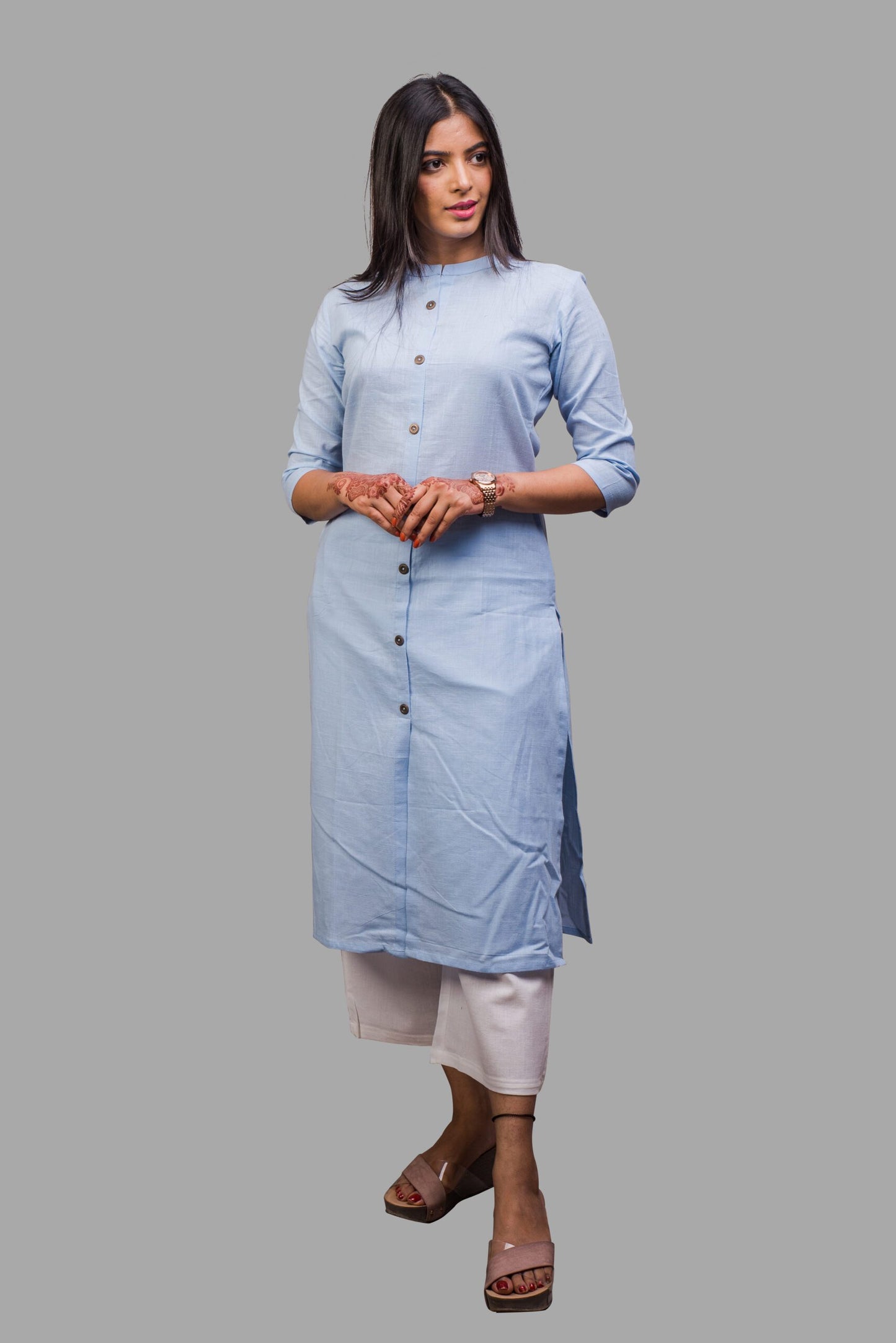 Mandarin Collar Sky Blue Kurti with pocket