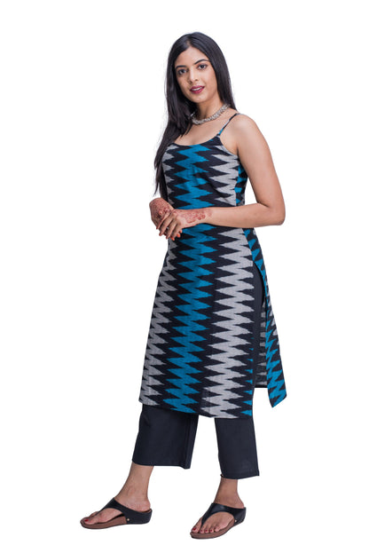 Buy Black and Blue Ikat Noodle Strap Kurti | Vivika Fashion