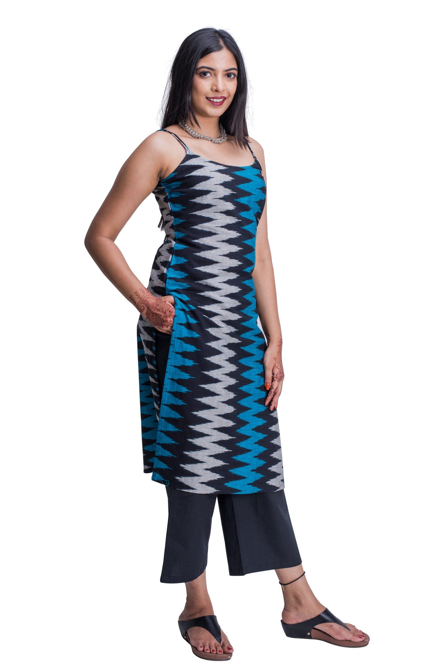 Buy Black and Blue Ikat Noodle Strap Kurti | Vivika Fashion