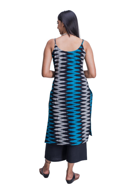 Buy Black and Blue Ikat Noodle Strap Kurti | Vivika Fashion