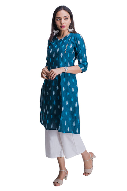 Blue Ikat V Neck Overlap Kurti with Pocket