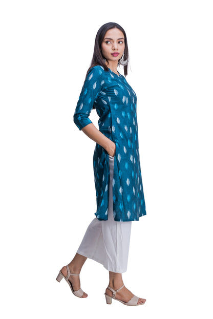 Blue Ikat V Neck Overlap Kurti with Pocket