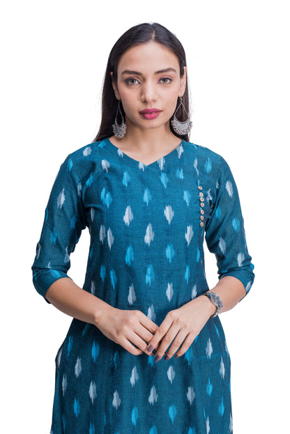 Blue Ikat V Neck Overlap Kurti with Pocket