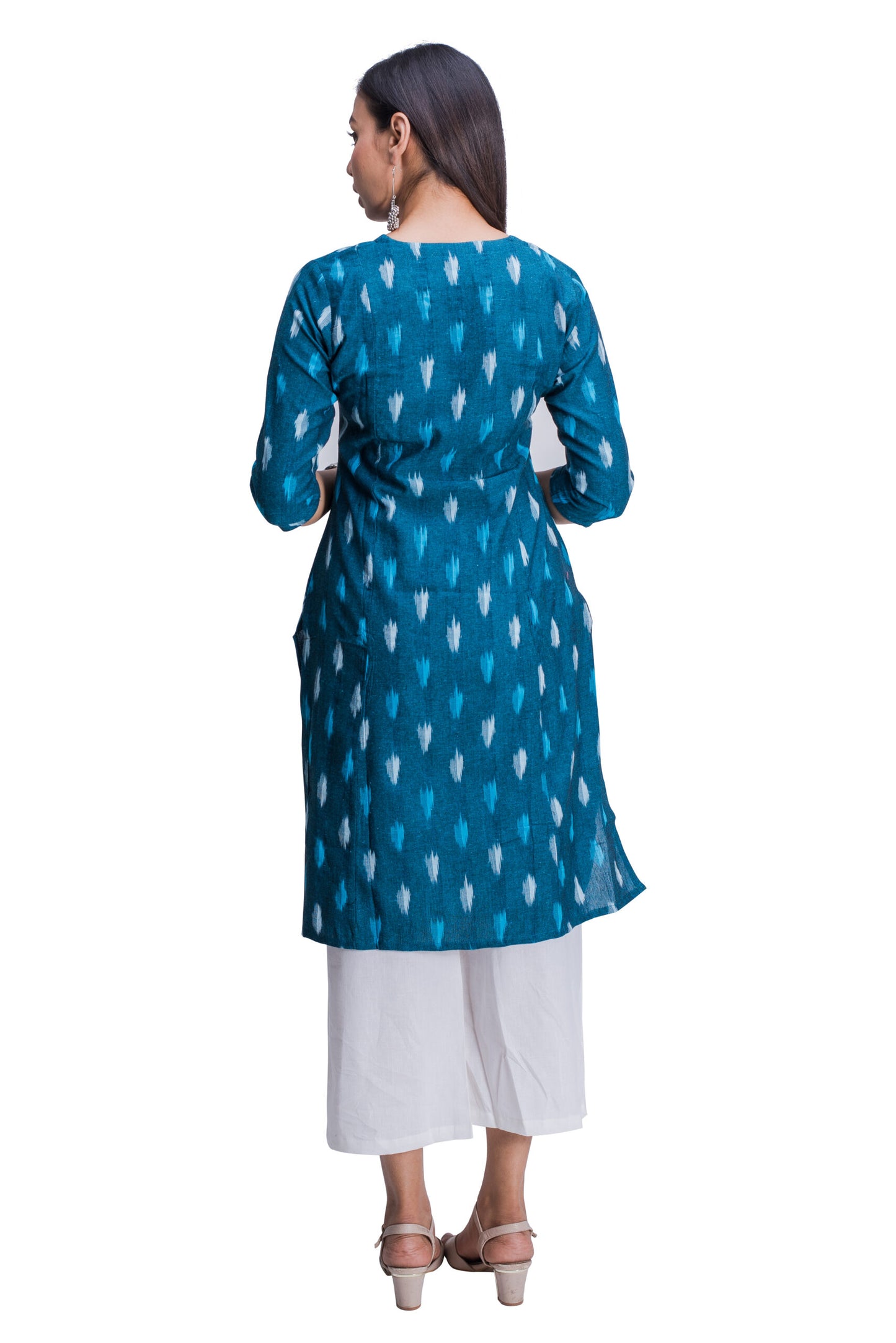 Blue Ikat V Neck Overlap Kurti with Pocket