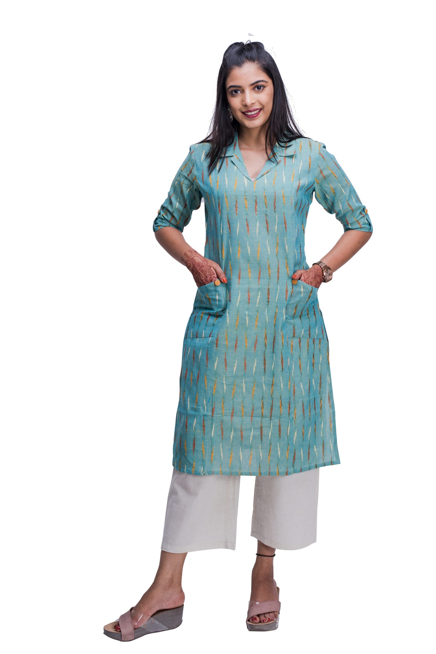 Pastel Blue Ikat Collar Kurti with Pockets