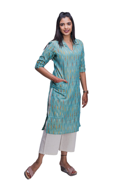 Pastel Blue Ikat Collar Kurti with Pockets