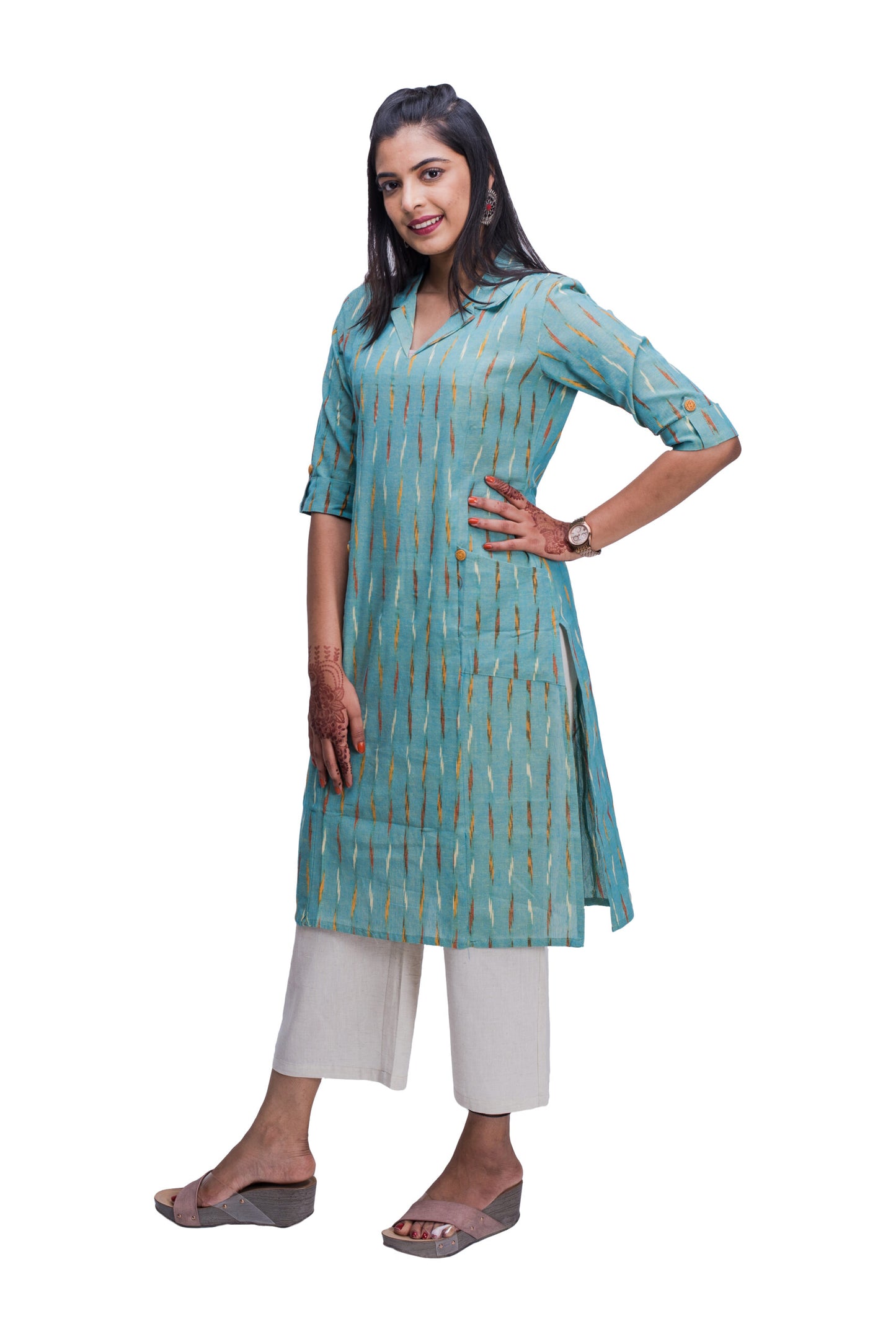 Pastel Blue Ikat Collar Kurti with Pockets