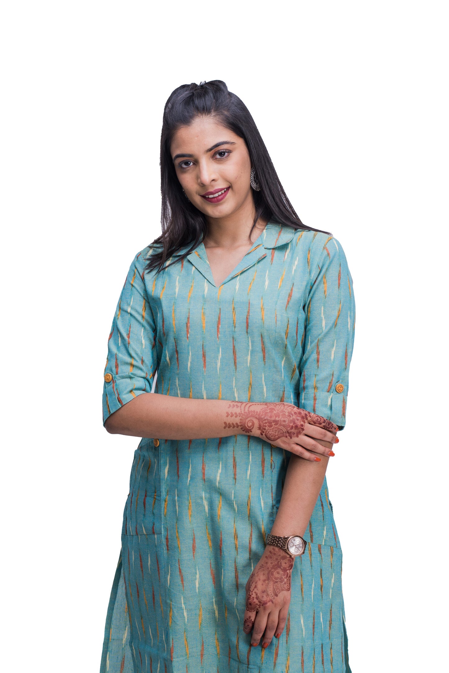 Pastel Blue Ikat Collar Kurti with Pockets