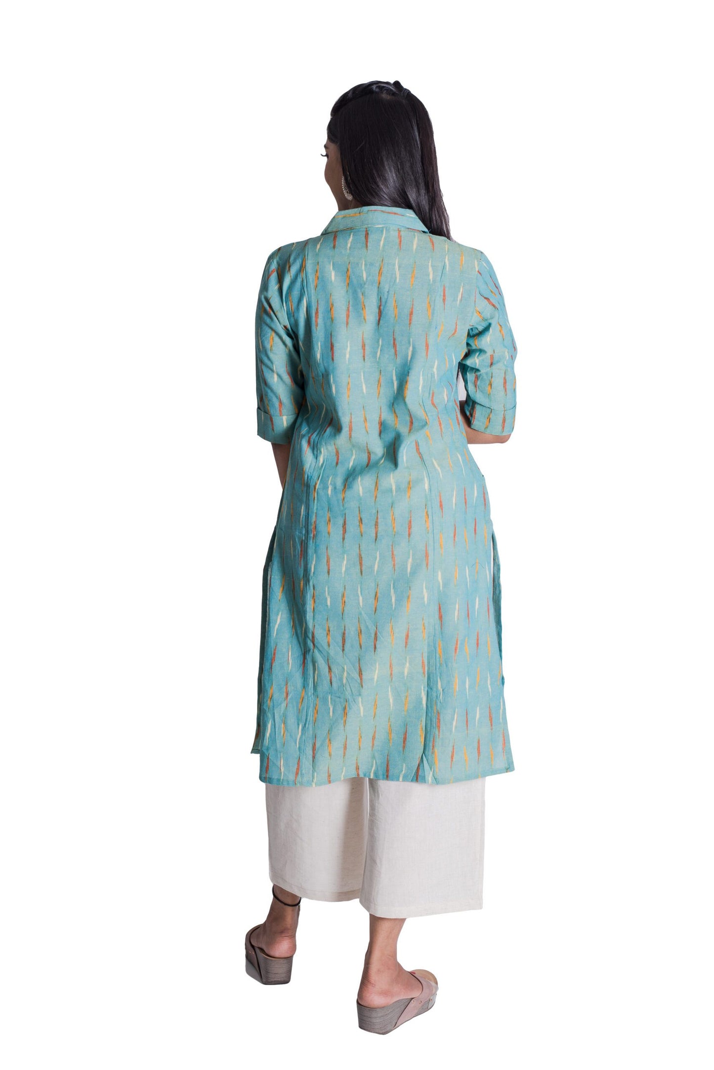 Pastel Blue Ikat Collar Kurti with Pockets