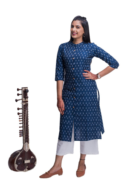 Navy Blue Ikat Kurti with Pocket