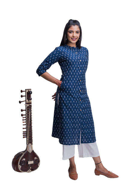 Navy Blue Ikat Kurti with Pocket