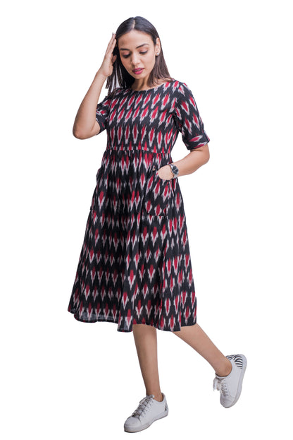 Black and Maroon Ikat Frock Style Kurti with pockets