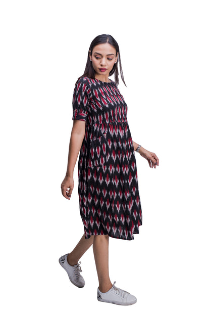 Black and Maroon Ikat Frock Style Kurti with pockets