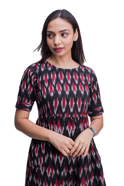 Black and Maroon Ikat Frock Style Kurti with pockets