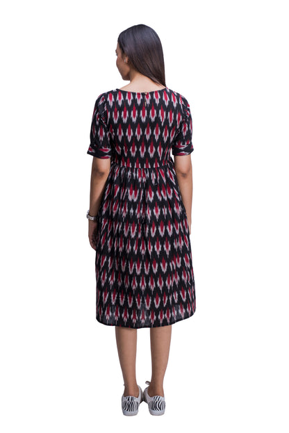 Black and Maroon Ikat Frock Style Kurti with pockets