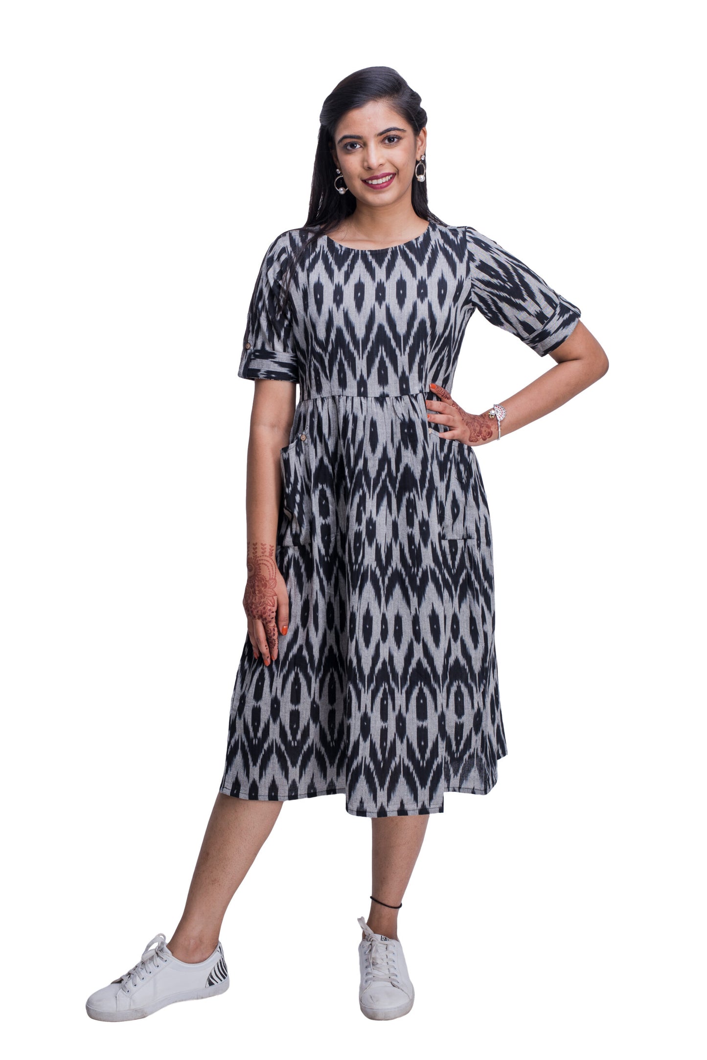 Black And Grey Ikat Frock Style Kurti With Pockets