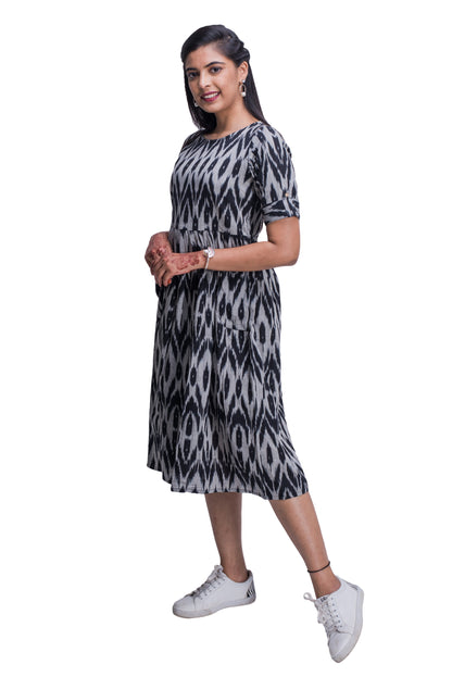 Black And Grey Ikat Frock Style Kurti With Pockets