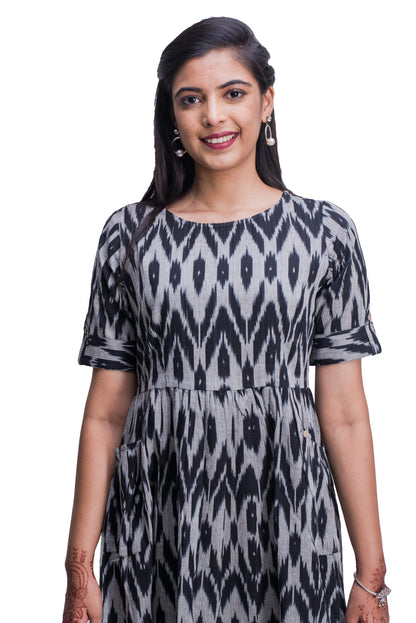 Black And Grey Ikat Frock Style Kurti With Pockets