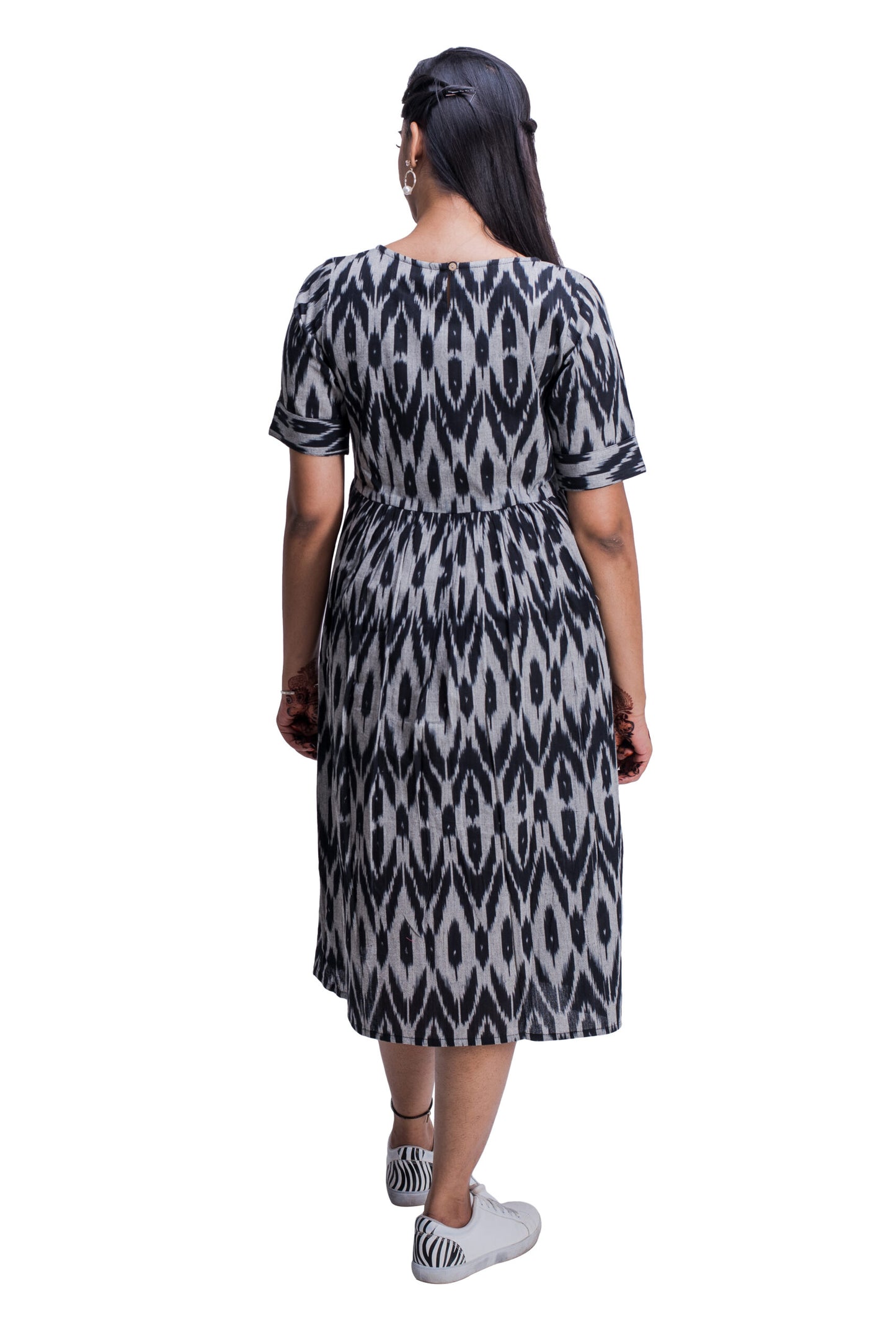 Black And Grey Ikat Frock Style Kurti With Pockets