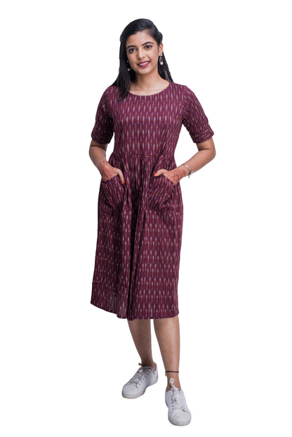 Maroon Ikat Frock Style Kurti with Pockets