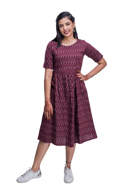 Maroon Ikat Frock Style Kurti with Pockets