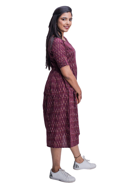 Maroon Ikat Frock Style Kurti with Pockets