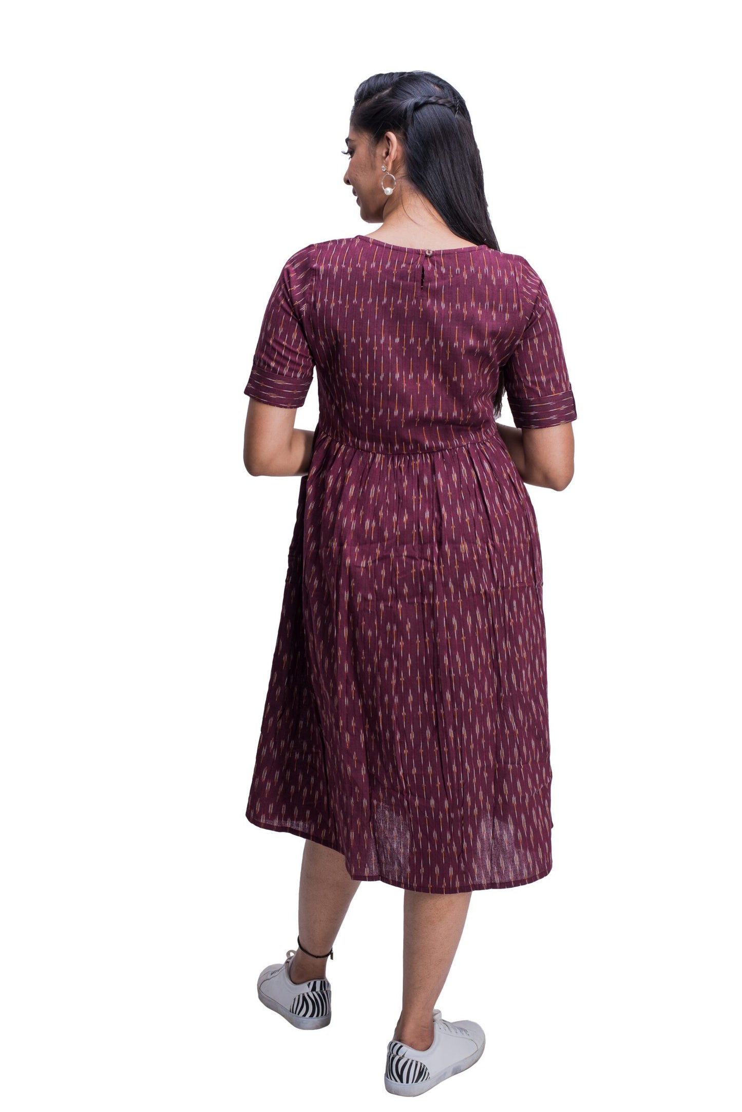 Maroon Ikat Frock Style Kurti with Pockets