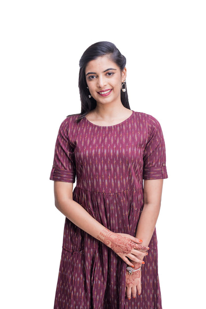 Maroon Ikat Frock Style Kurti with Pockets