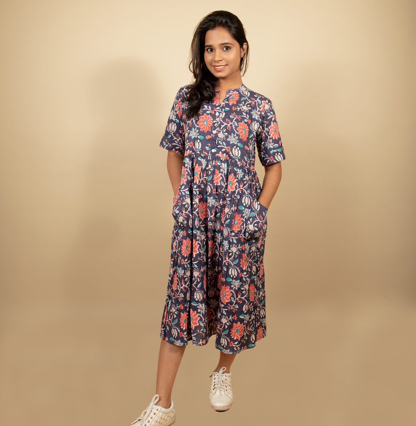 Navy Blue Vine Print Kurti with Pocket