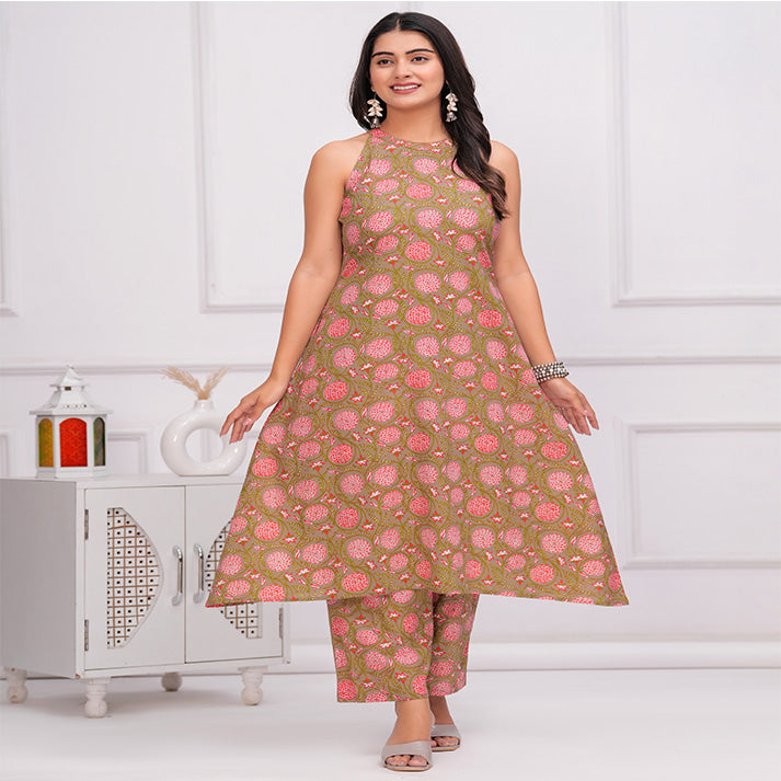 Olive Green floral printed cotton co-ord set