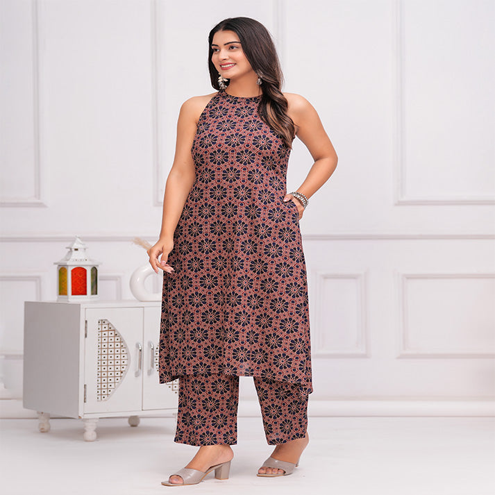 Navy Blue and maroon Ajrakh printed cotton coord set