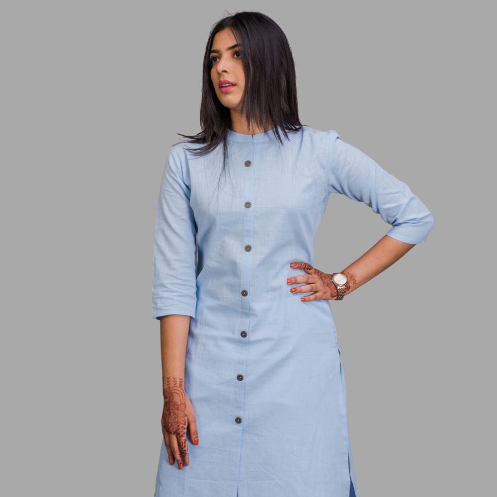 Mandarin Collar Sky Blue Kurti with pocket