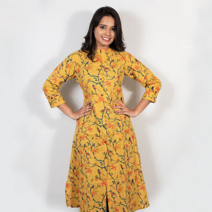 Mustard Yellow Vine Print Kurti with Pocket