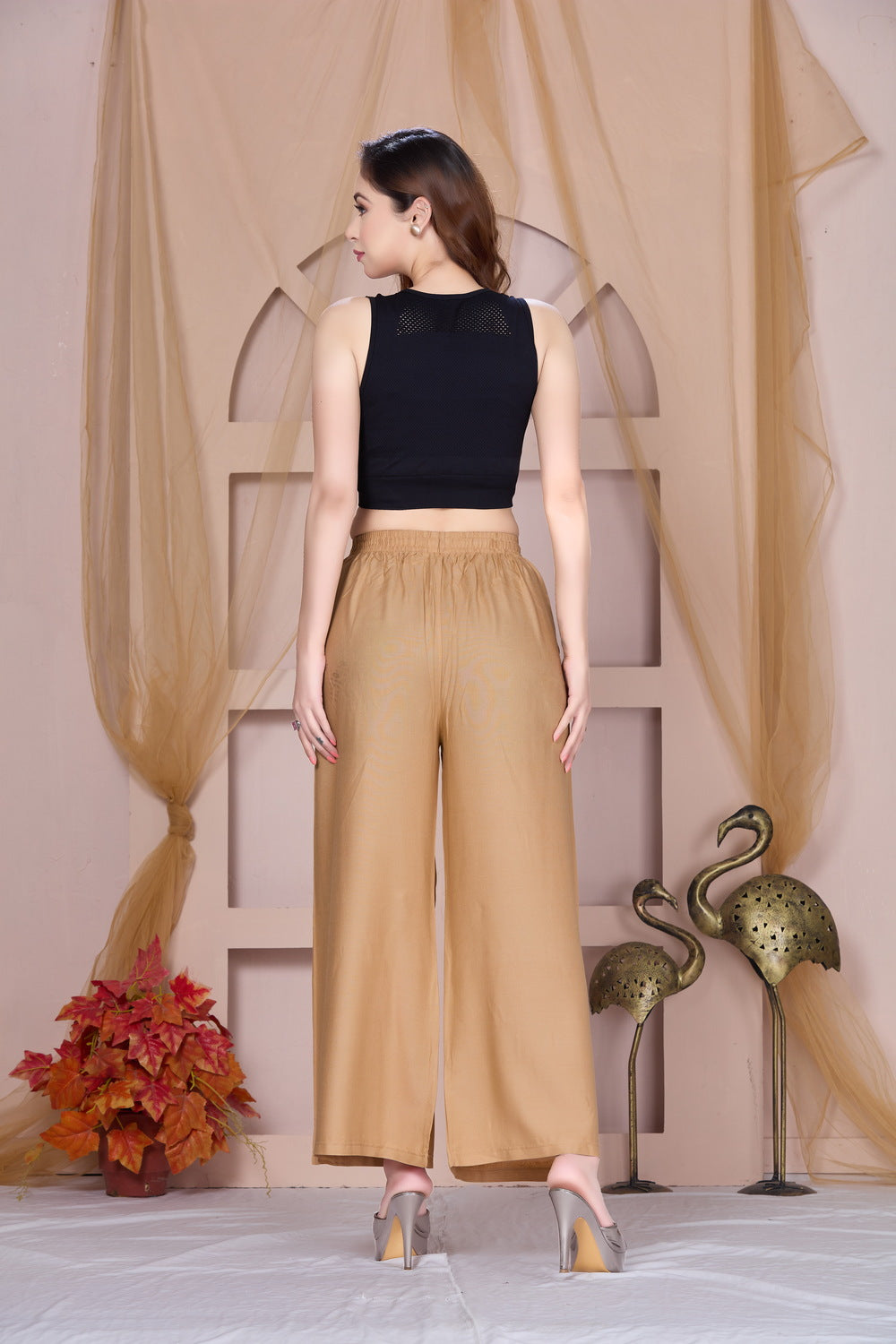Flared Gold Palazzo Pants With Pocket