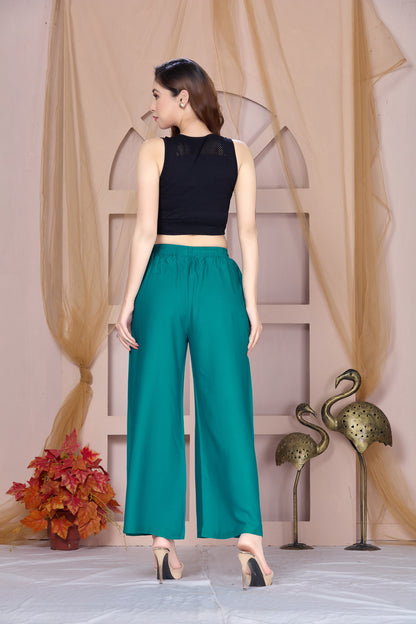 Flared Rama Green Palazzo Pants With Pocket