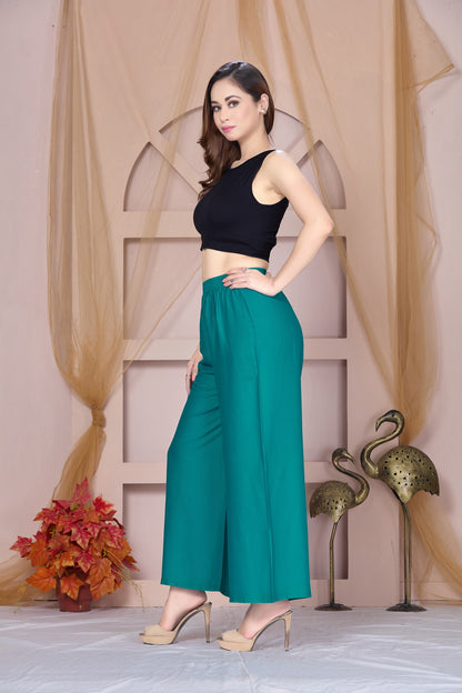 Flared Rama Green Palazzo Pants With Pocket