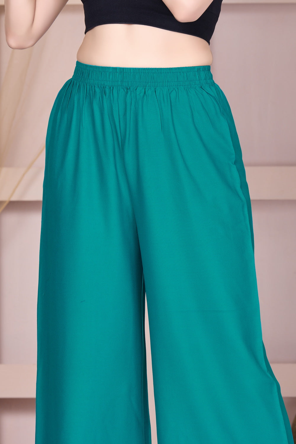 Flared Rama Green Palazzo Pants With Pocket