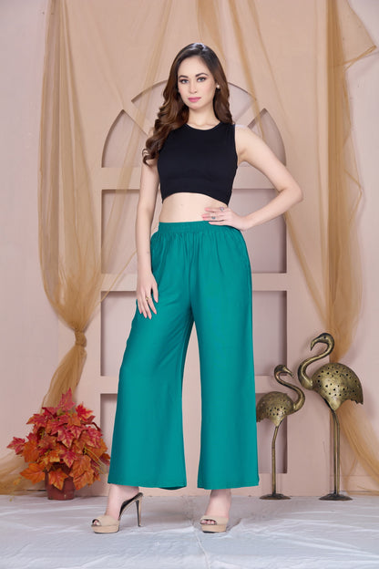 Flared Rama Green Palazzo Pants With Pocket