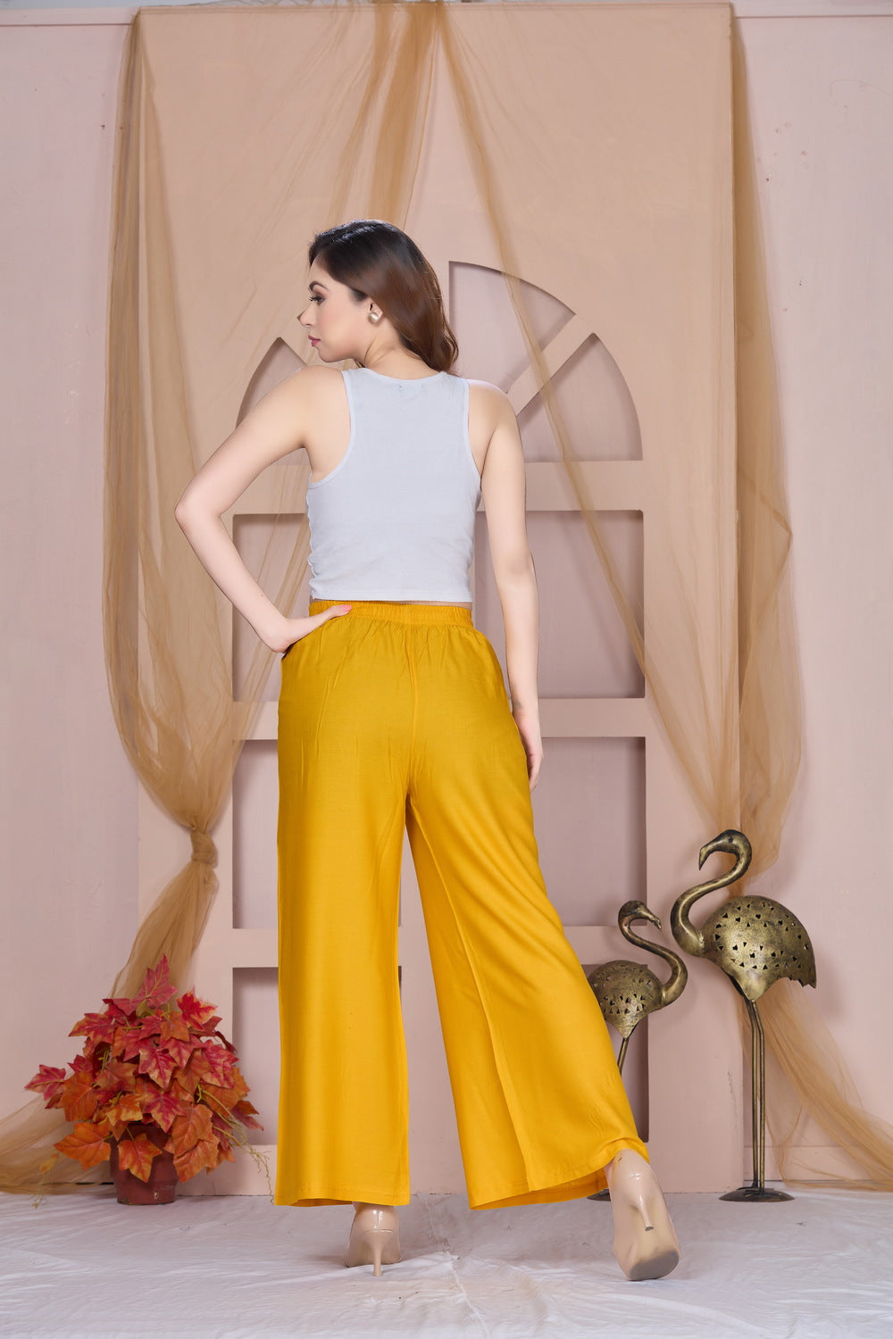 Flared Mustard Palazzo Pants With Pocket