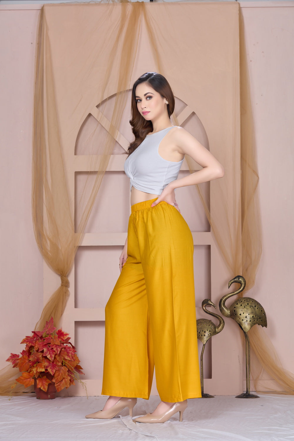Flared Mustard Palazzo Pants With Pocket