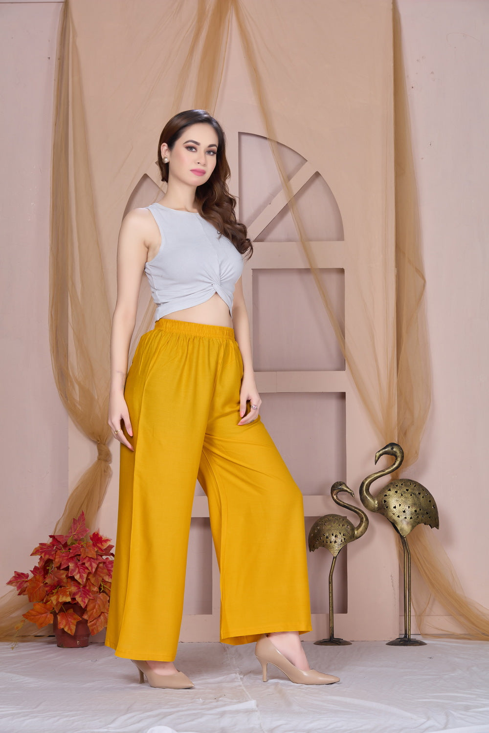 Flared Mustard Palazzo Pants With Pocket