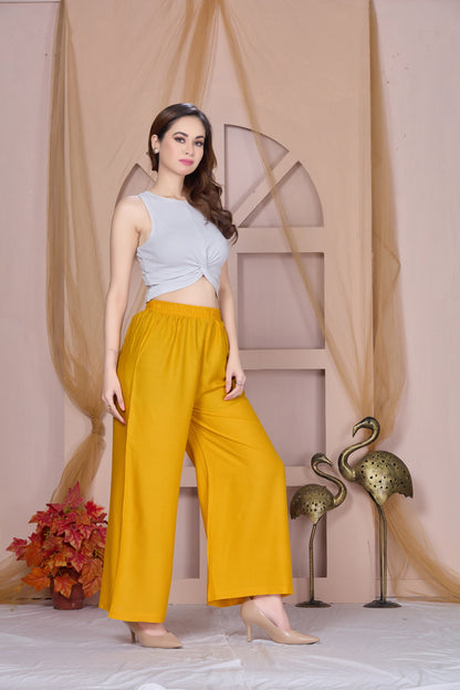 Flared Mustard Palazzo Pants With Pocket