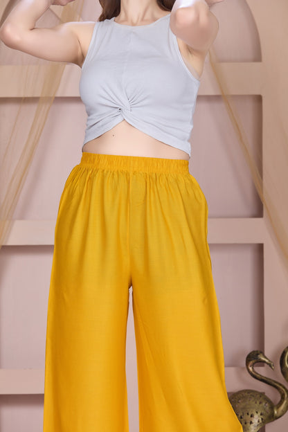 Flared Mustard Palazzo Pants With Pocket