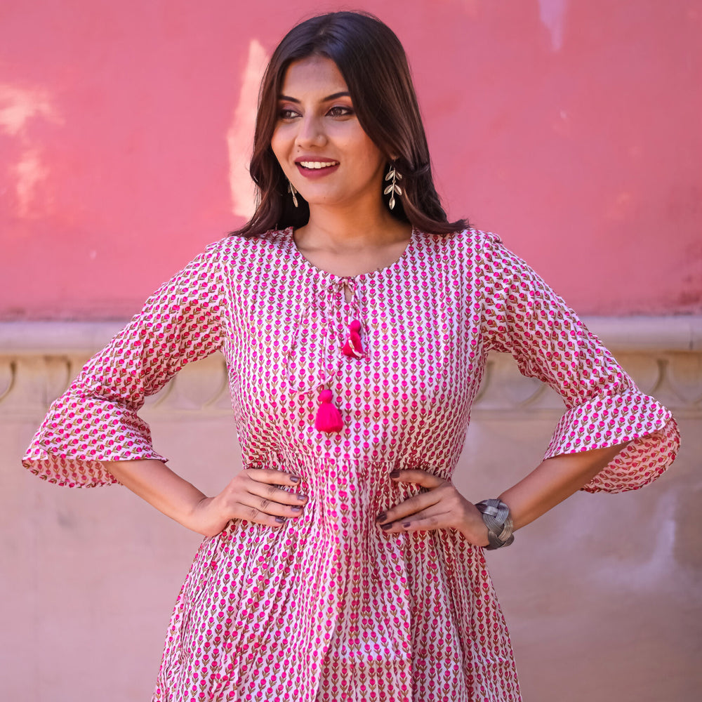 Off White and Pink Floral Print Tunic