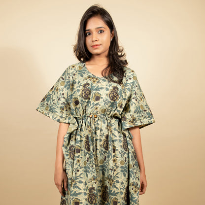 Olive Green Floral Print Short Kaftan